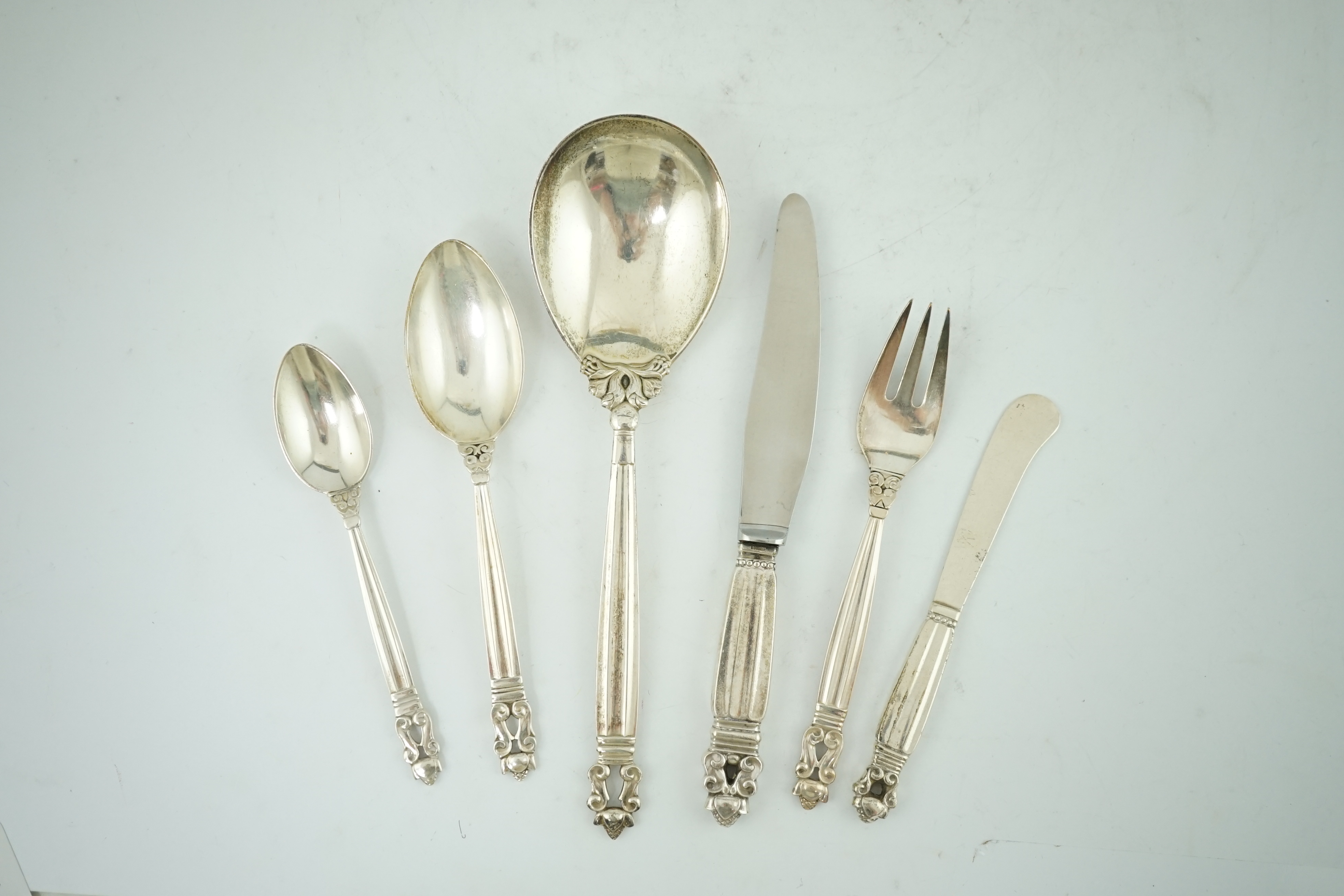 A 1940's and later Georg Jensen canteen of acorn pattern silver cutlery